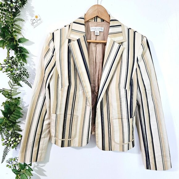 Trendy Chic‎ Casual Corner Stretch Womens Striped Blazer Size 10 Tan/Blue 《906》J - Picture 1 of 8